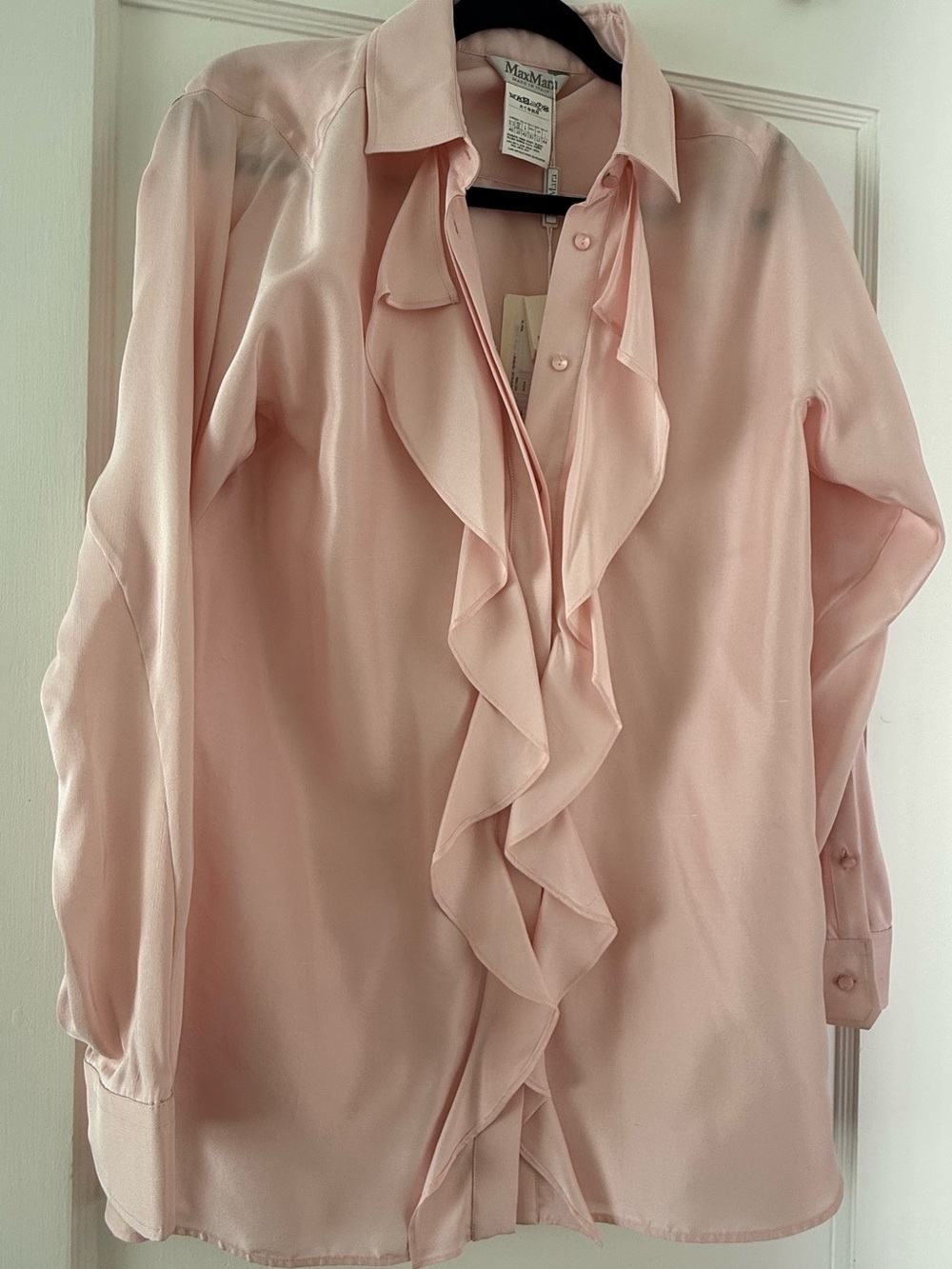 NWT MaxMara Light Pink silk Ruffle-Front Long Sleeve Blouse 10